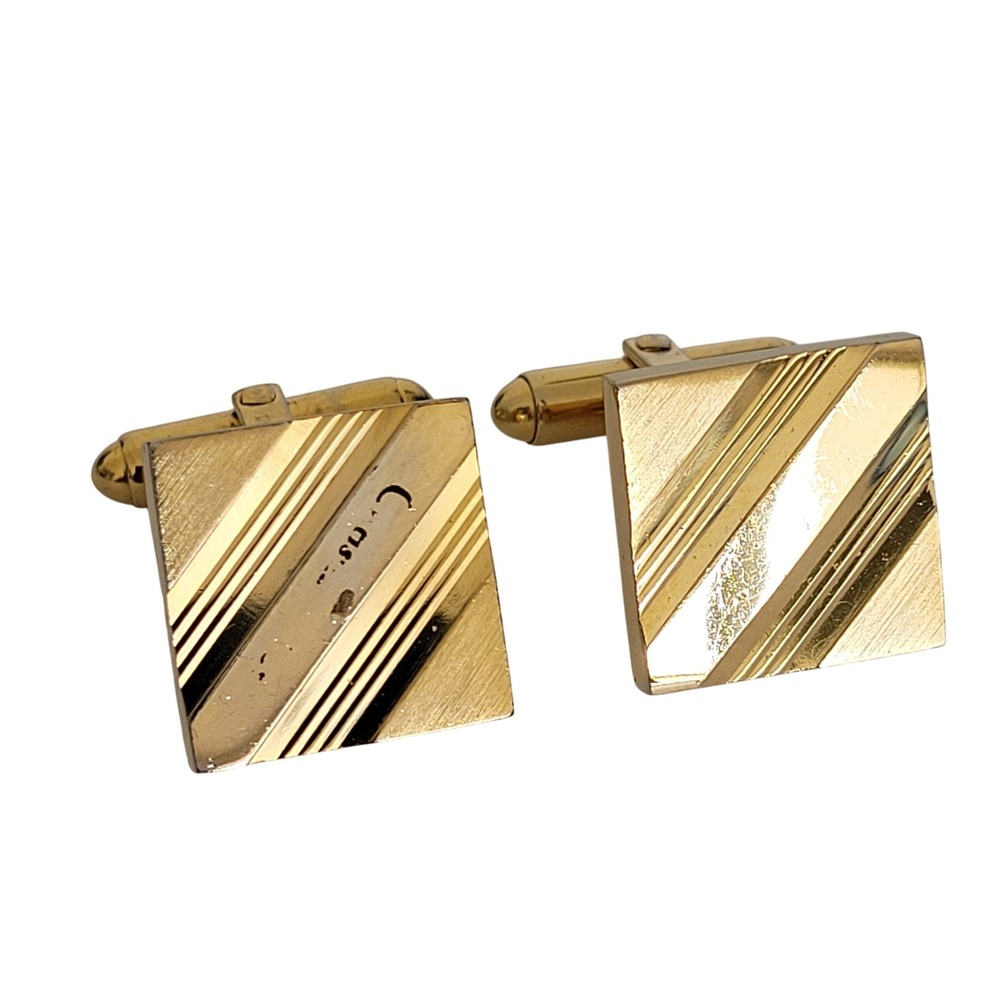 Christian Dior Vintage Gold Tone Square Diagonal Striped Toggle Cufflinks